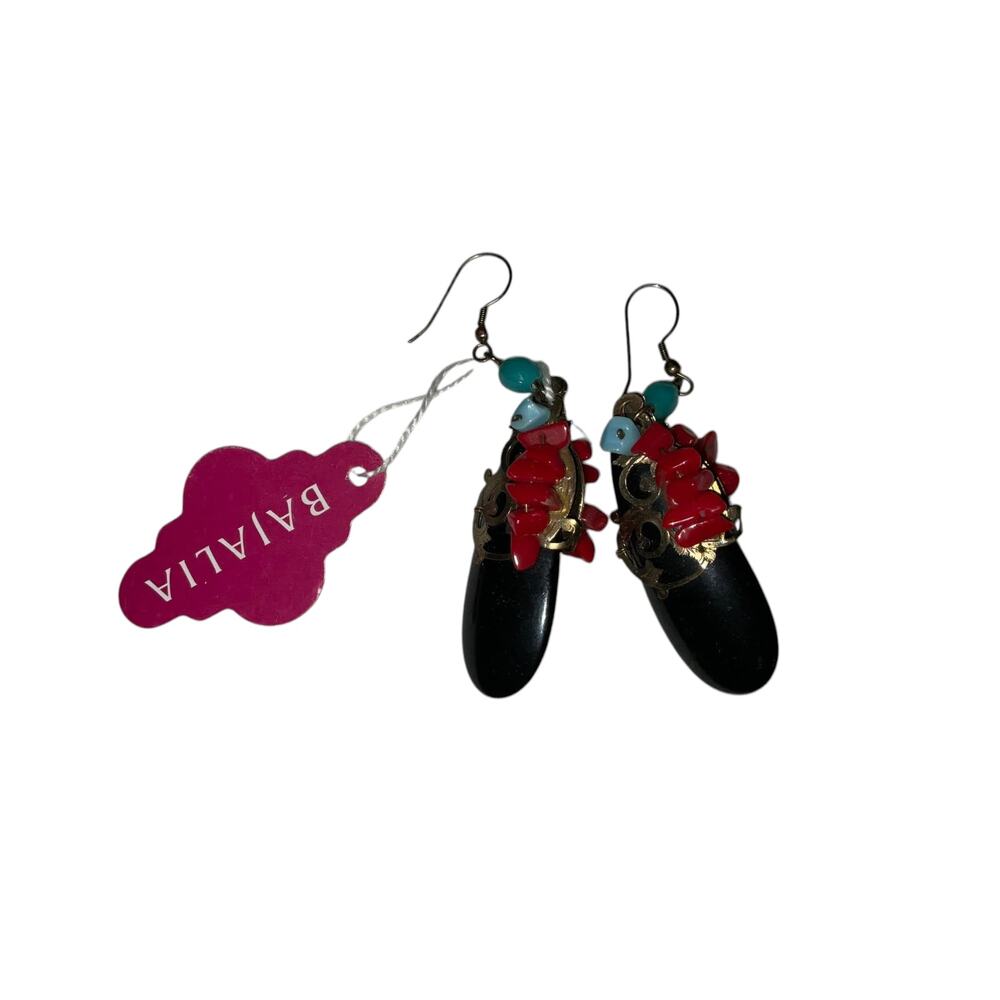 Iris Apfel & Bajalia Black Onyx Drop Earrings Red Turquoise Boho Chic
